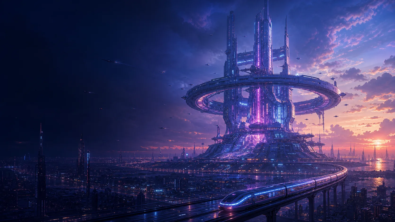 A luminous orbital research citadel and elevated train at twilight